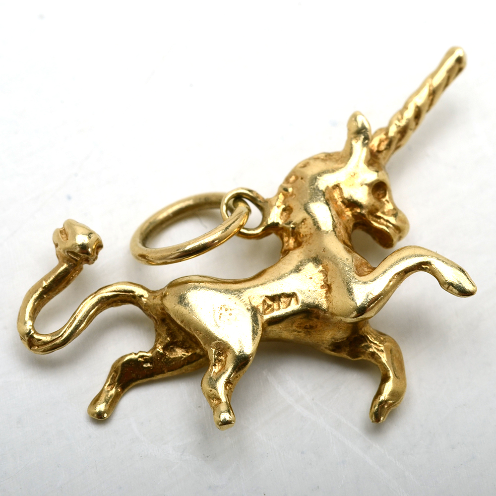 14K Yellow Gold Cultured Seed Pearl Studs and 14K Unicorn Pendant