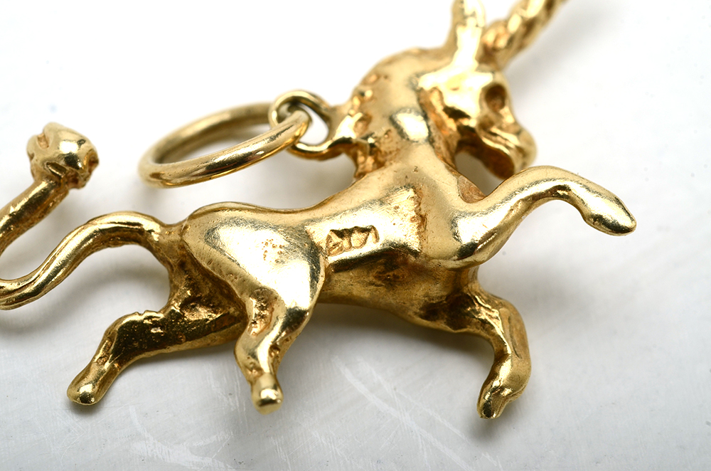 14K Yellow Gold Cultured Seed Pearl Studs and 14K Unicorn Pendant