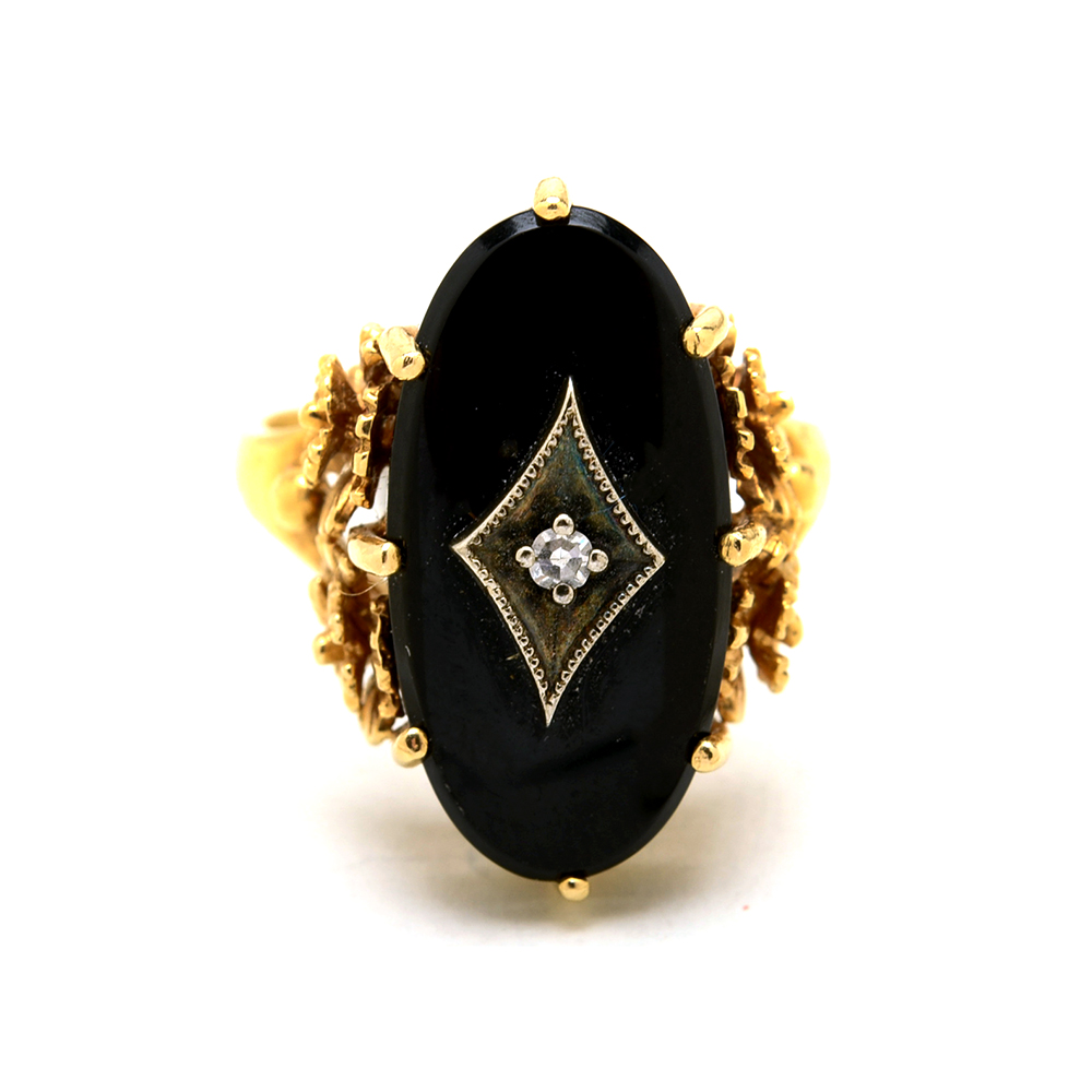 Victorian 14K Yellow Gold Black Onyx and Diamond Ring