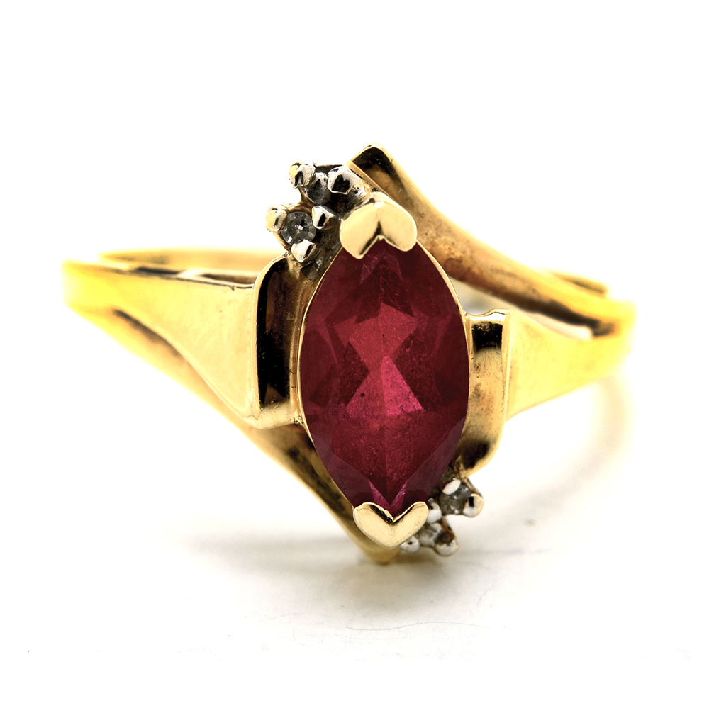 10K Yellow Gold Synthetic Ruby and Diamond Ring