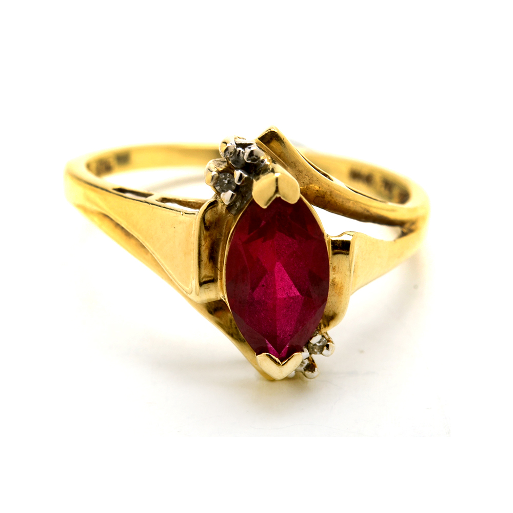 10K Yellow Gold Synthetic Ruby and Diamond Ring
