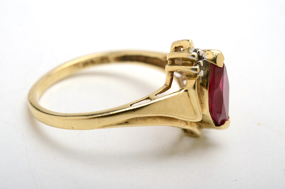 10K Yellow Gold Synthetic Ruby and Diamond Ring