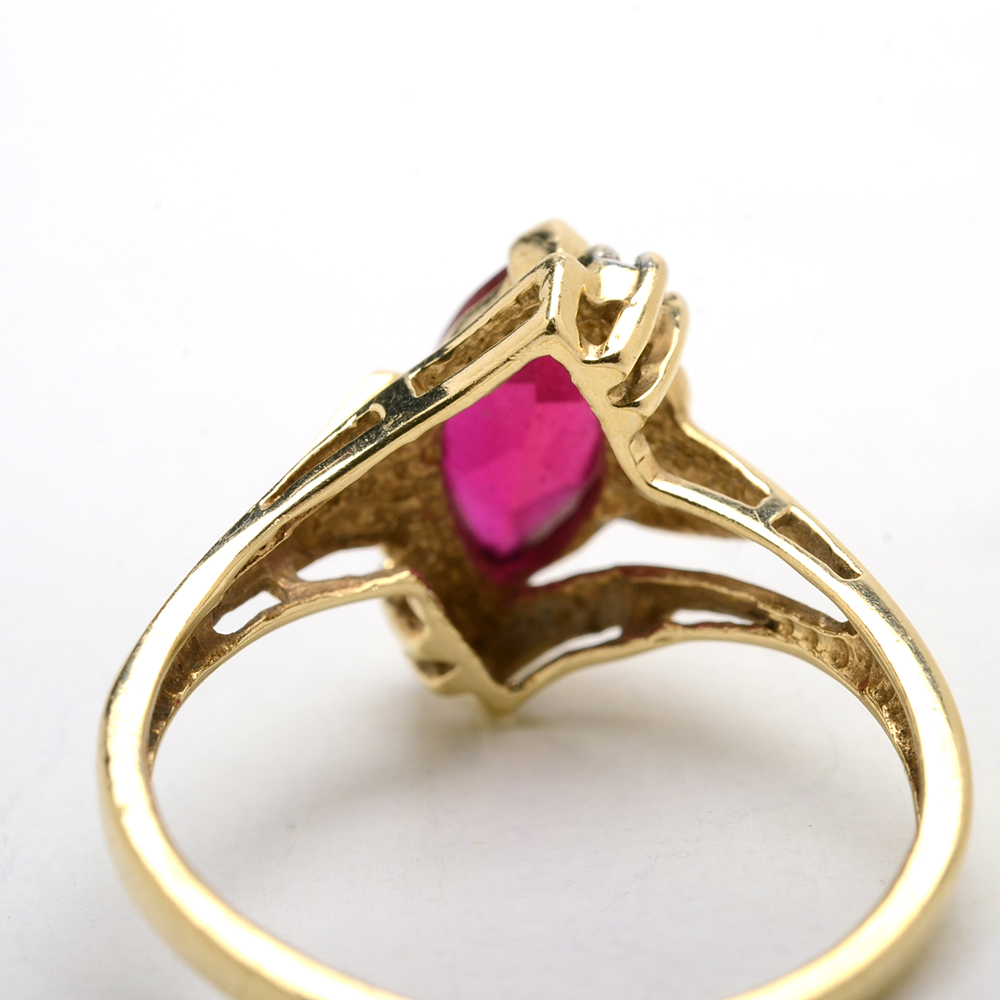 10K Yellow Gold Synthetic Ruby and Diamond Ring
