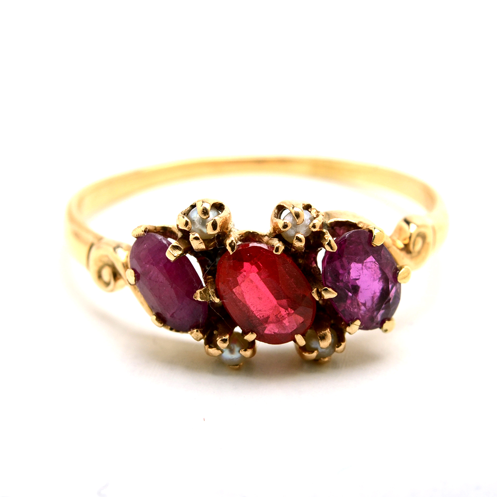 10K Yellow Gold Glass Doublet, Ruby and Cultured Seed Pearl Ring