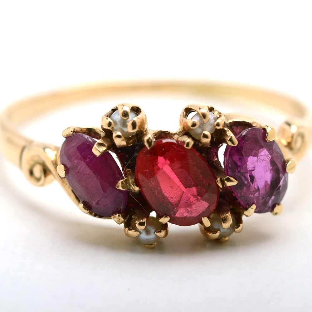 10K Yellow Gold Glass Doublet, Ruby and Cultured Seed Pearl Ring