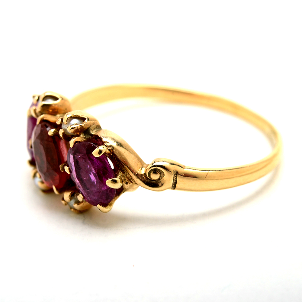 10K Yellow Gold Glass Doublet, Ruby and Cultured Seed Pearl Ring