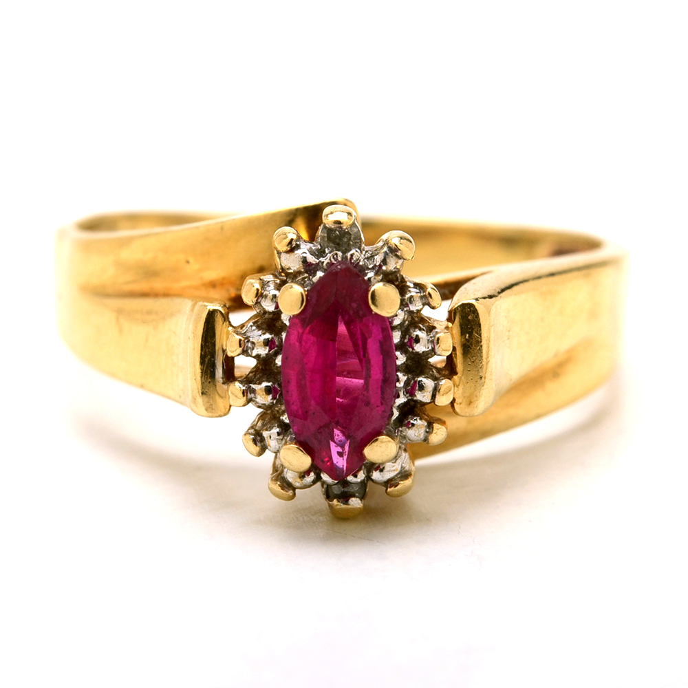10K Yellow Gold Synthetic Ruby and Diamond Ring