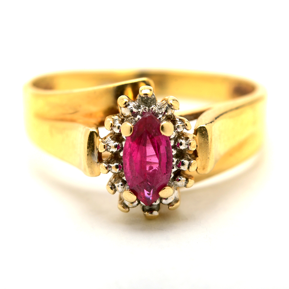 10K Yellow Gold Synthetic Ruby and Diamond Ring
