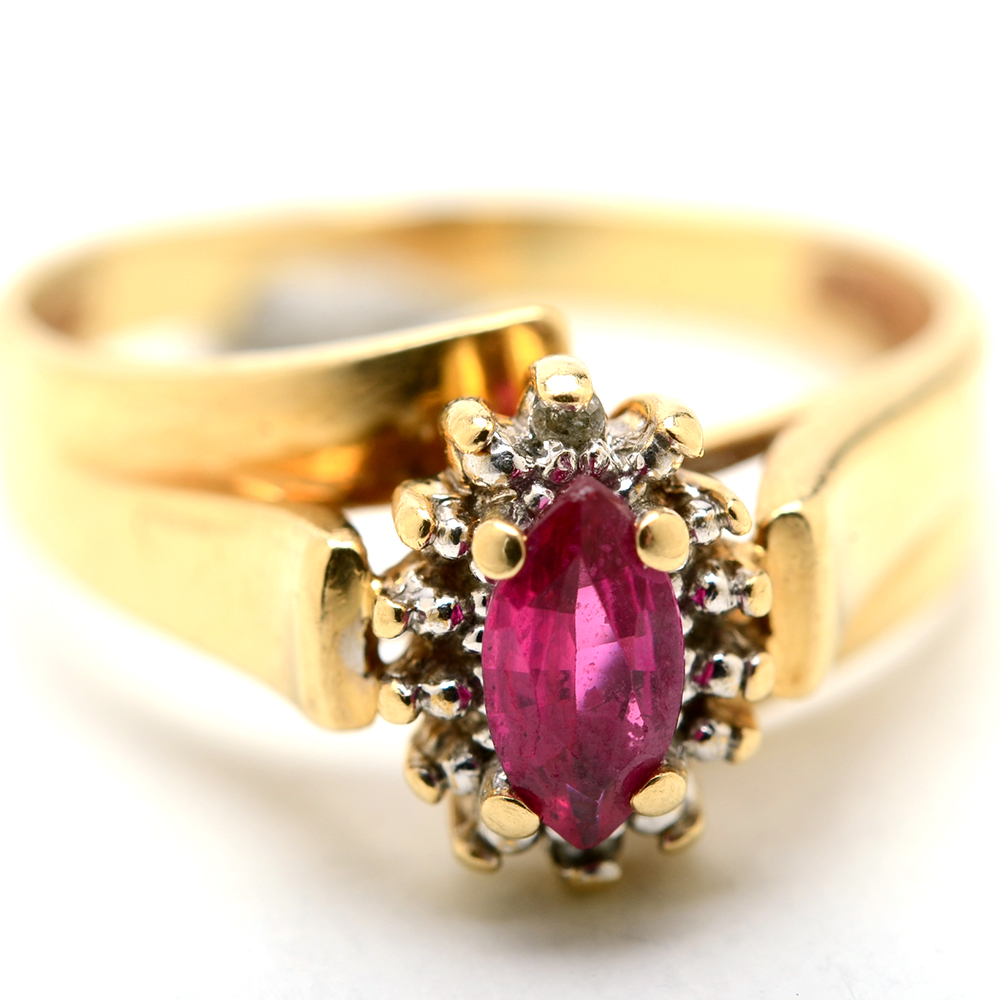 10K Yellow Gold Synthetic Ruby and Diamond Ring