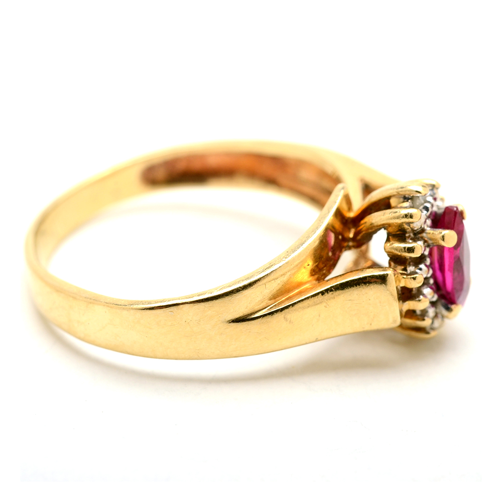 10K Yellow Gold Synthetic Ruby and Diamond Ring