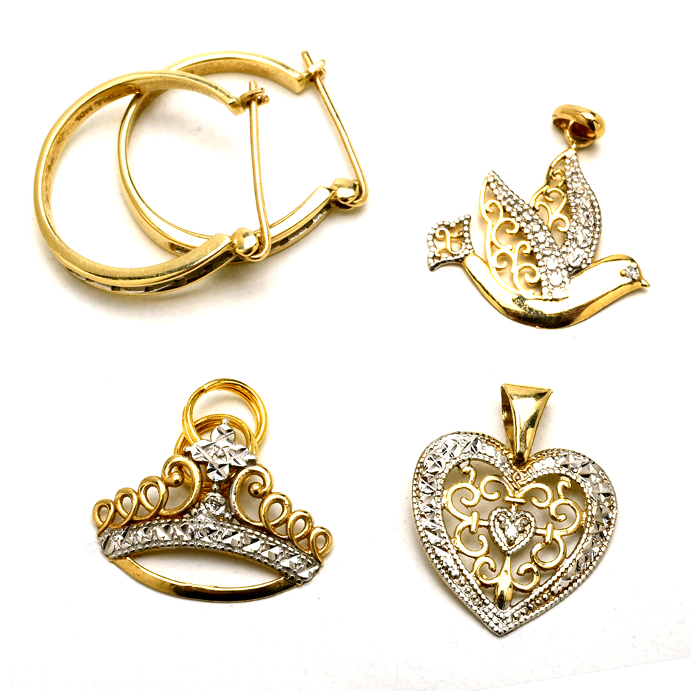 Group of 10K Yellow Gold Diamond Pendants and Earrings
