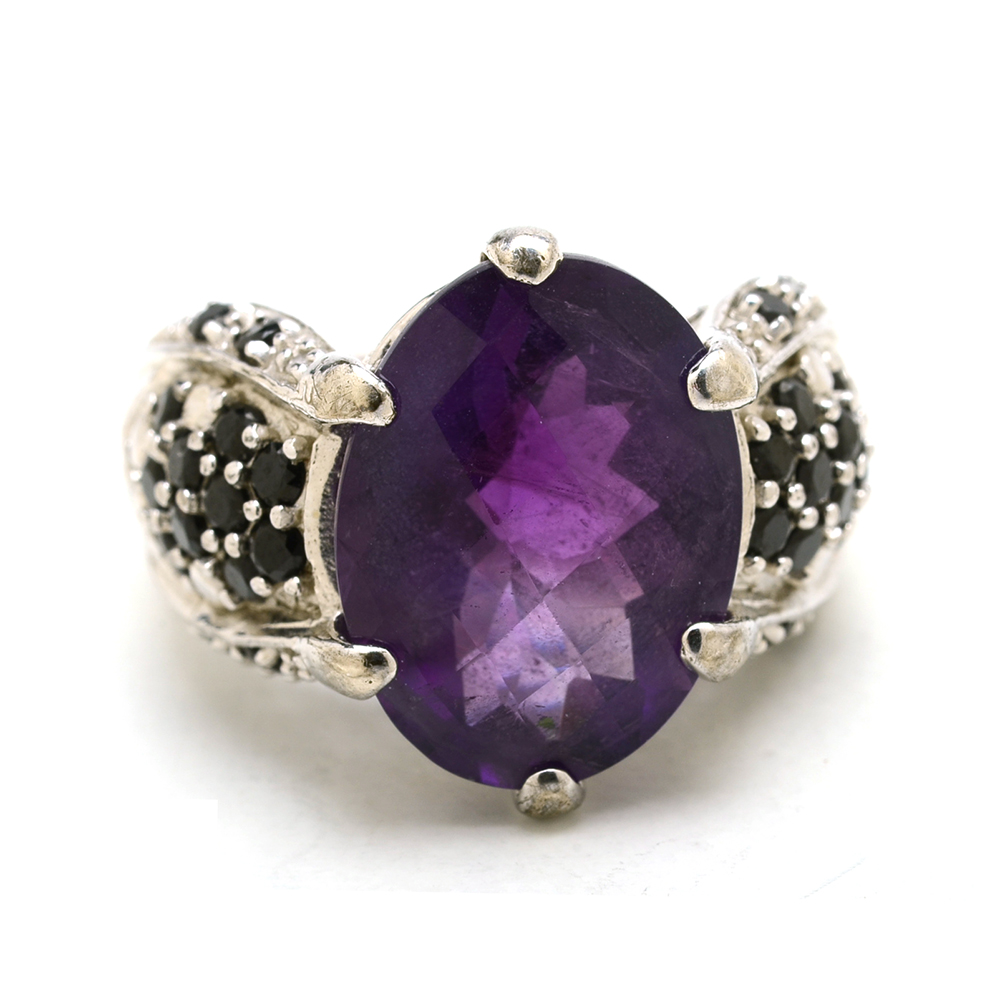 Sterling Silver Amethyst and Black Cubic Zirconia Ring