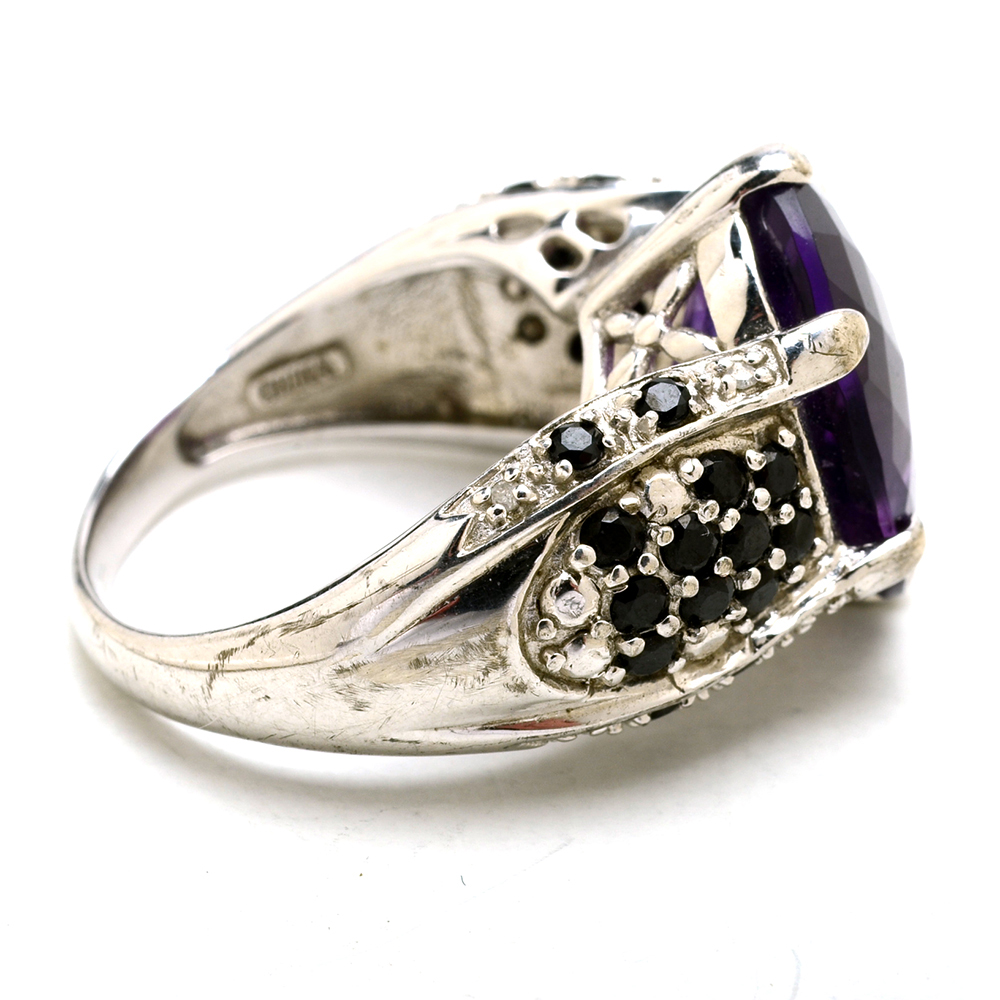Sterling Silver Amethyst and Black Cubic Zirconia Ring