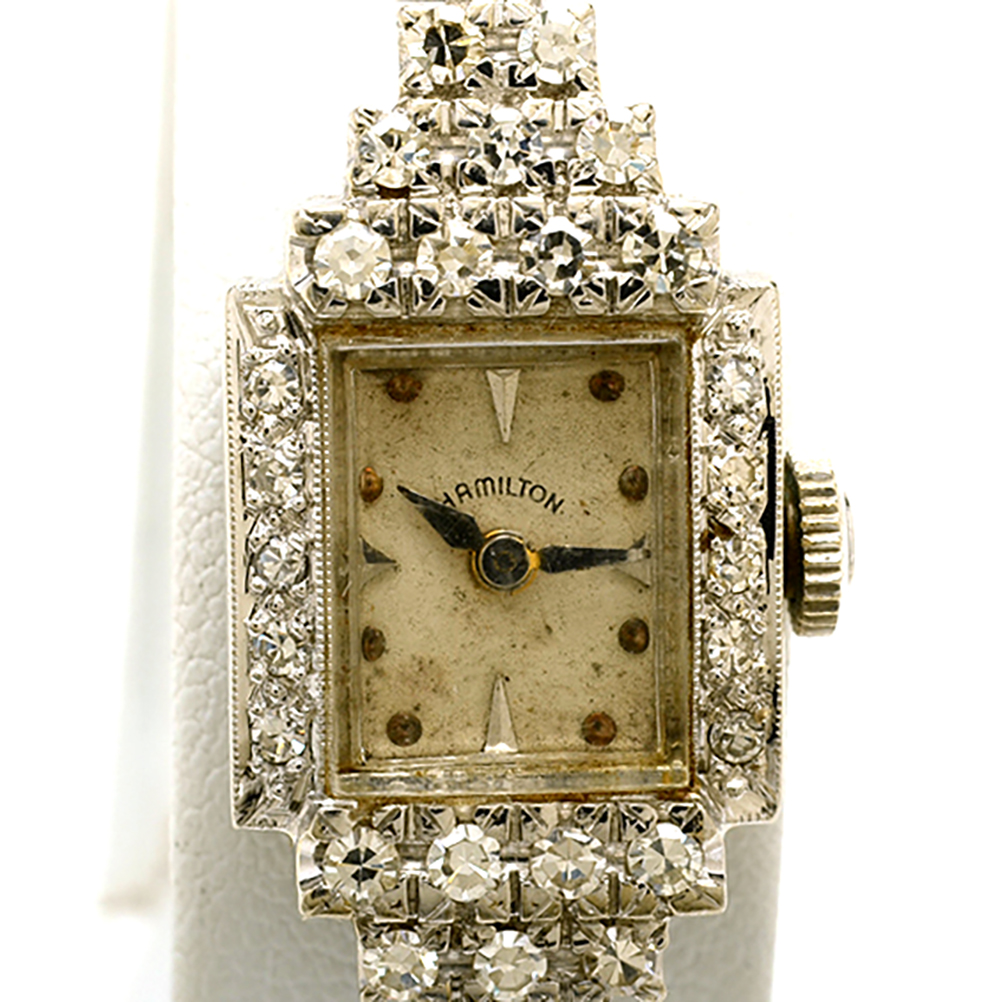 Women's Art Deco Hamilton 14K White Gold Diamond Watch Bracelet