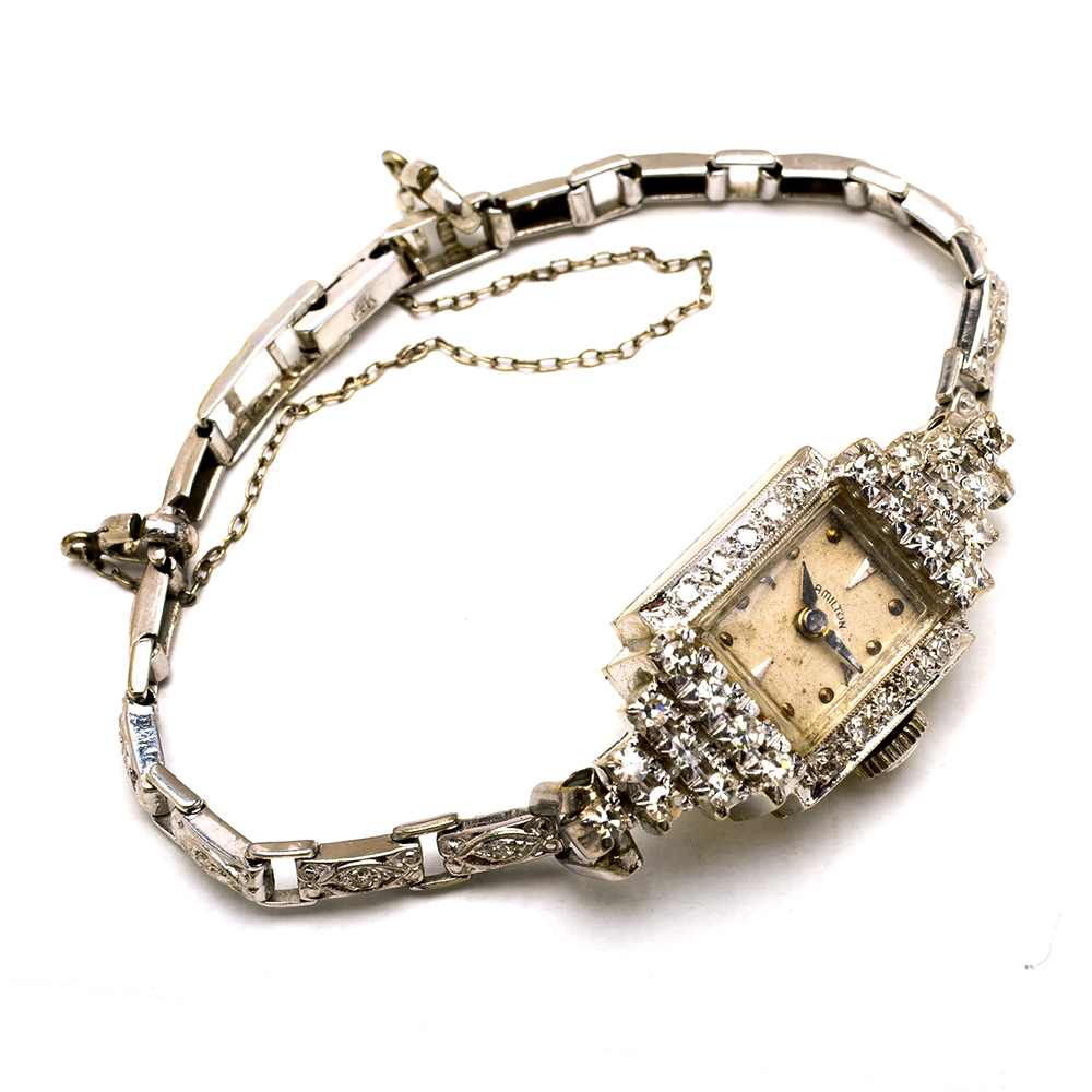 Women's Art Deco Hamilton 14K White Gold Diamond Watch Bracelet
