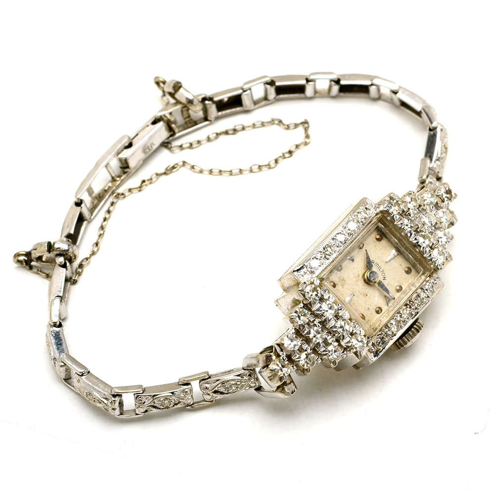 Women's Art Deco Hamilton 14K White Gold Diamond Watch Bracelet