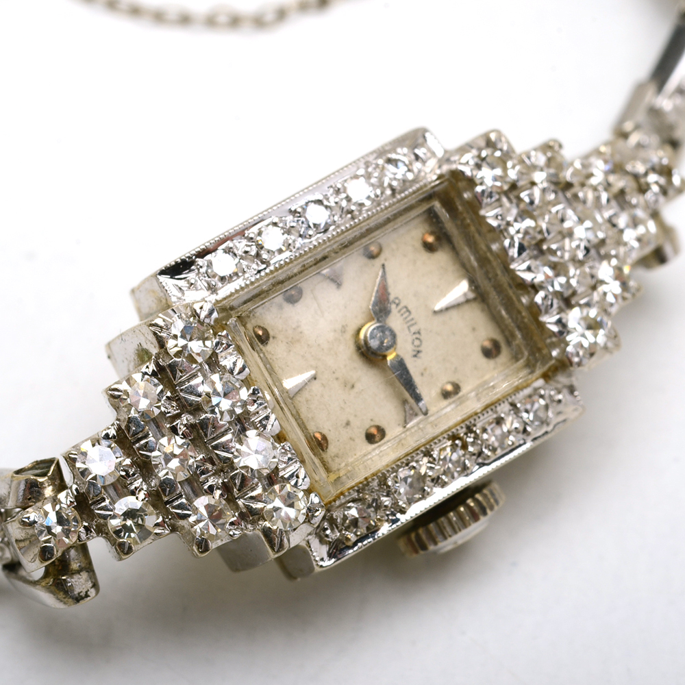 Women's Art Deco Hamilton 14K White Gold Diamond Watch Bracelet