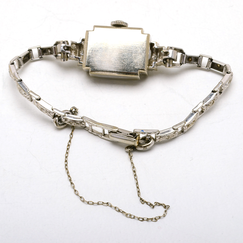 Women's Art Deco Hamilton 14K White Gold Diamond Watch Bracelet