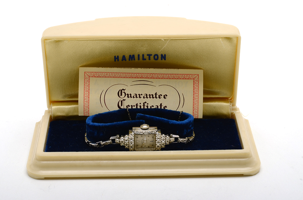 Women's Art Deco Hamilton 14K White Gold Diamond Watch Bracelet