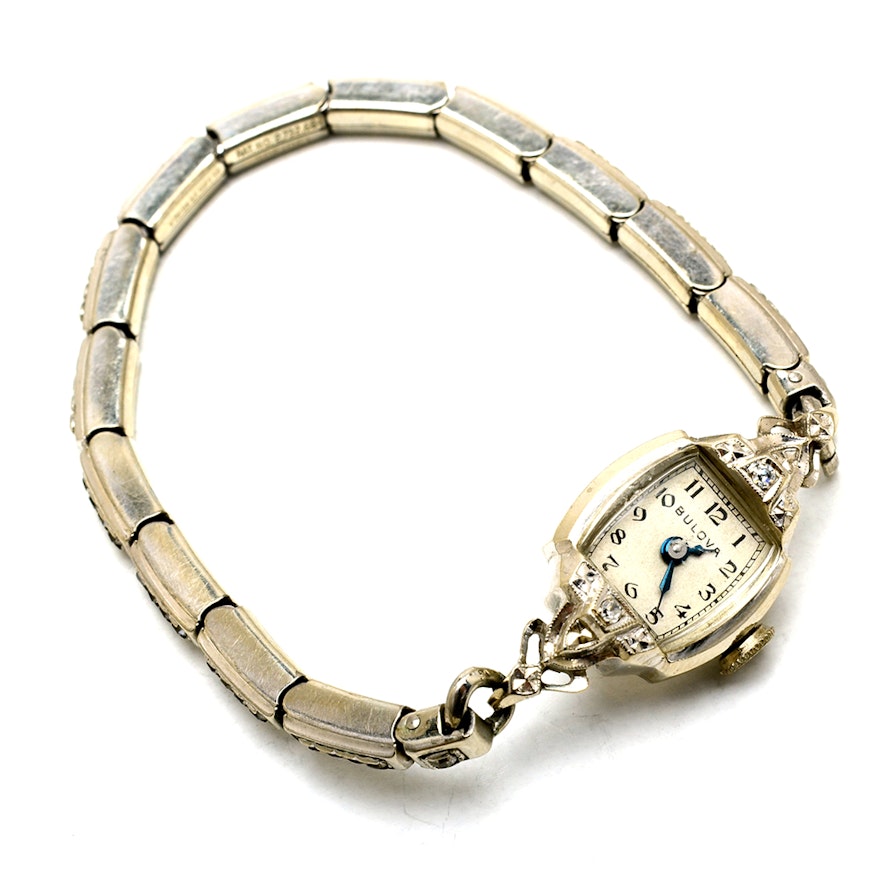 Women's Vintage Bulova 14K White Gold Diamond Watch Bracelet