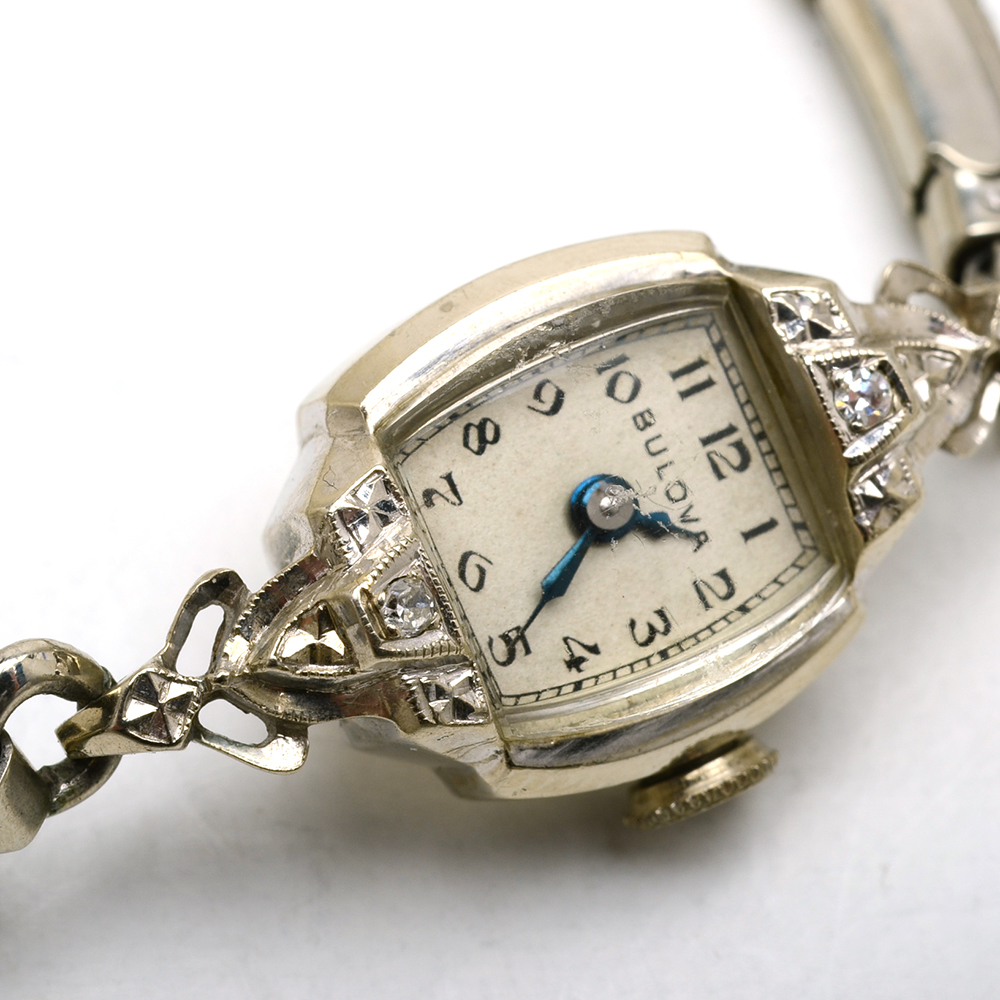 Women's Vintage Bulova 14K White Gold Diamond Watch Bracelet