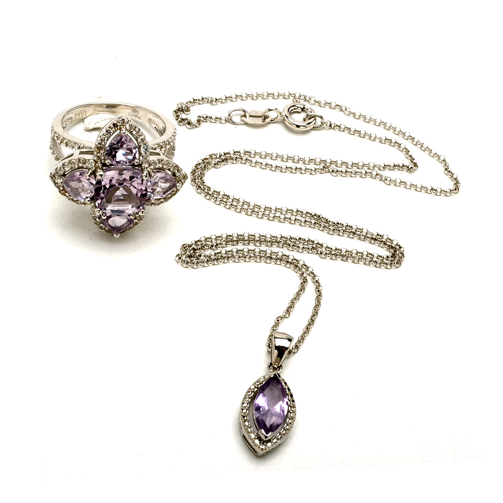 Sterling Silver Amethyst White Topaz Ring and Amethyst Necklace