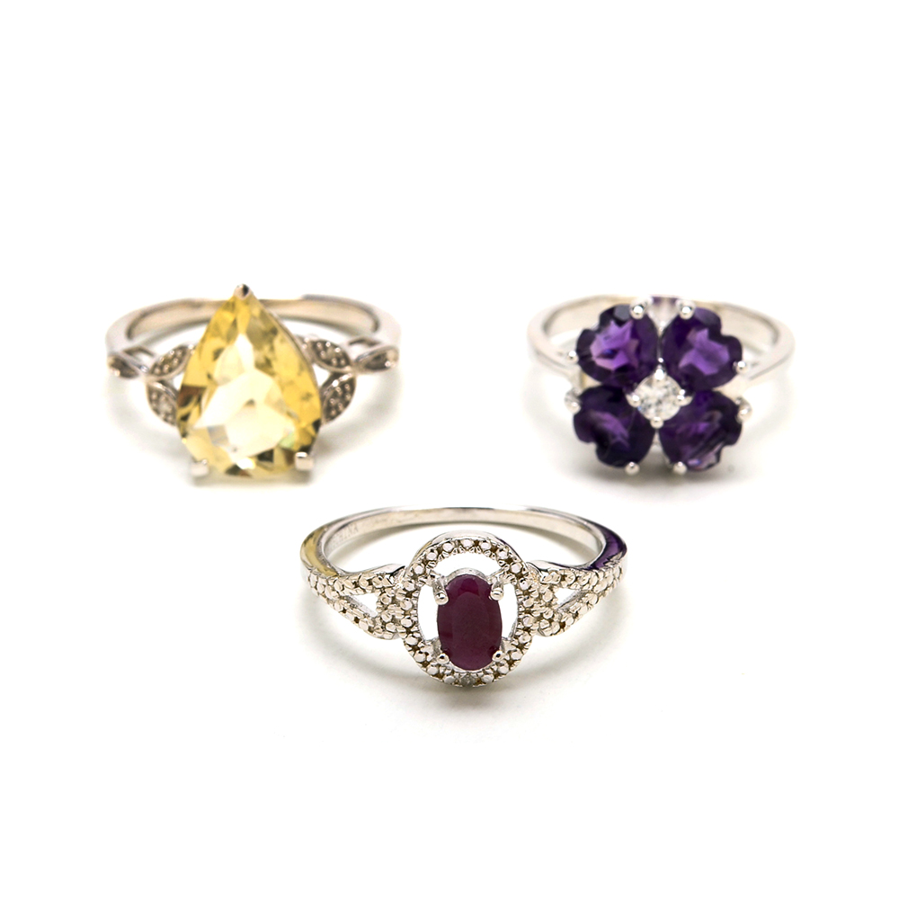 Three Sterling Silver Rings with Semi-Precious Gemstones