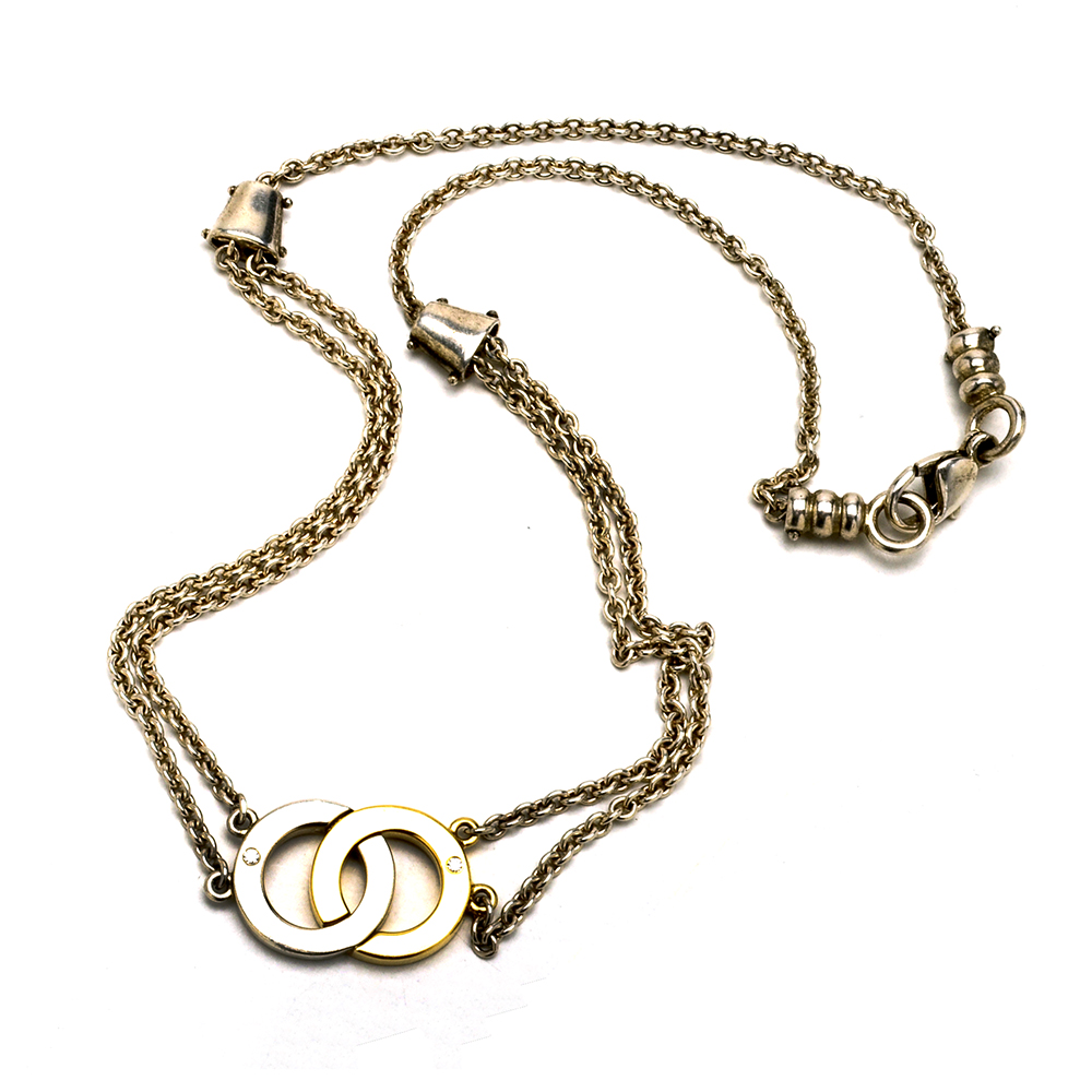 Sterling and 18K Yellow Gold Diamond Double Ring Pendant Necklace