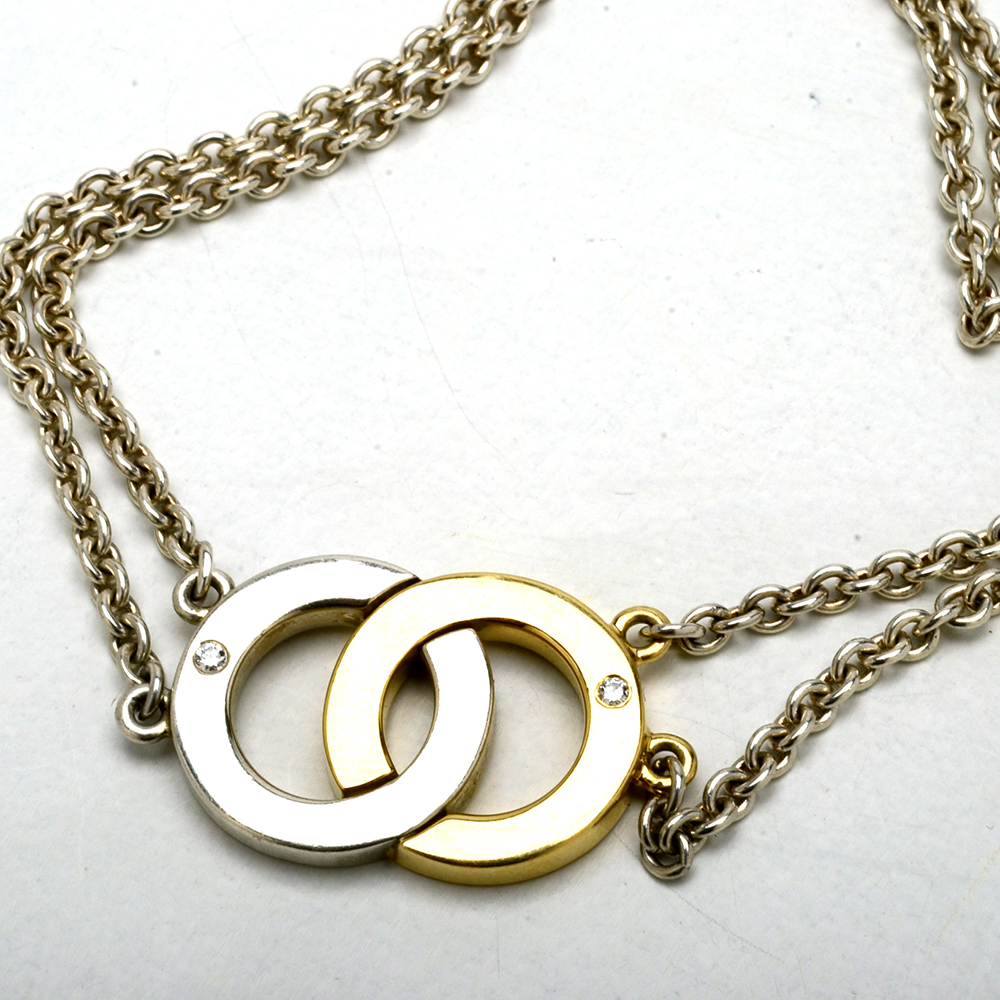 Sterling and 18K Yellow Gold Diamond Double Ring Pendant Necklace