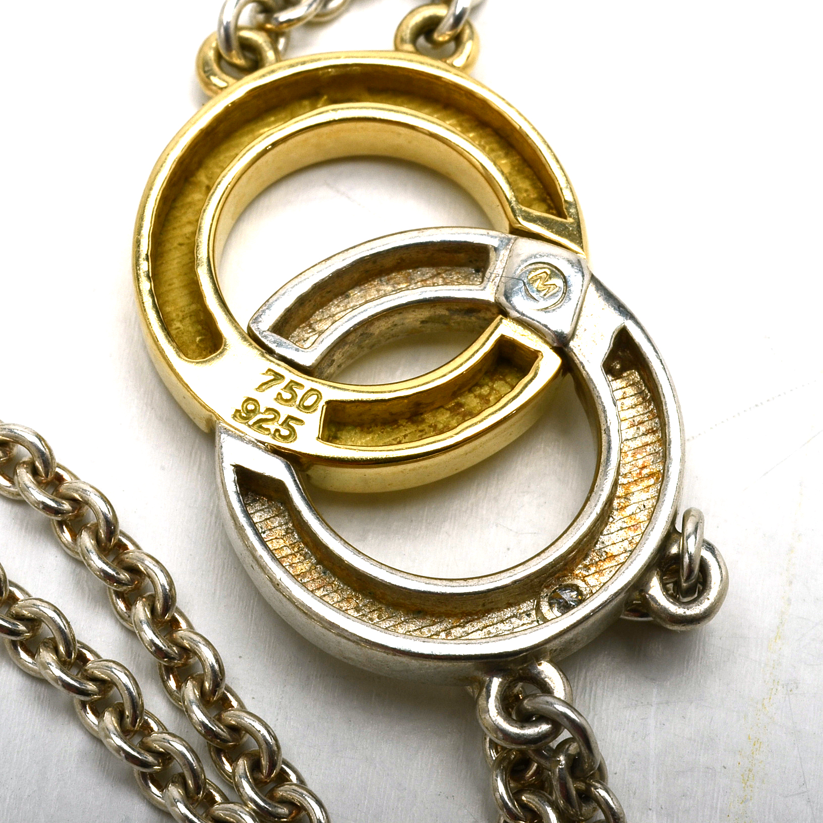 Sterling and 18K Yellow Gold Diamond Double Ring Pendant Necklace