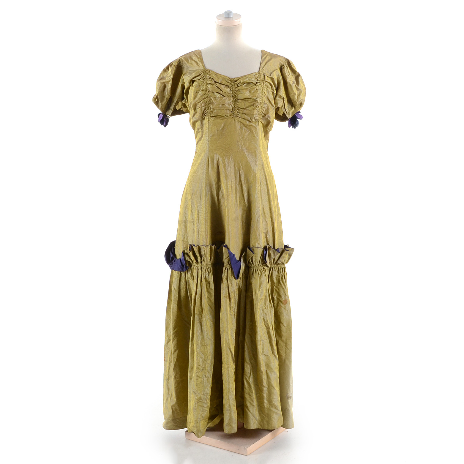 Circa 1930s Chartreuse Dress with Purple Trim