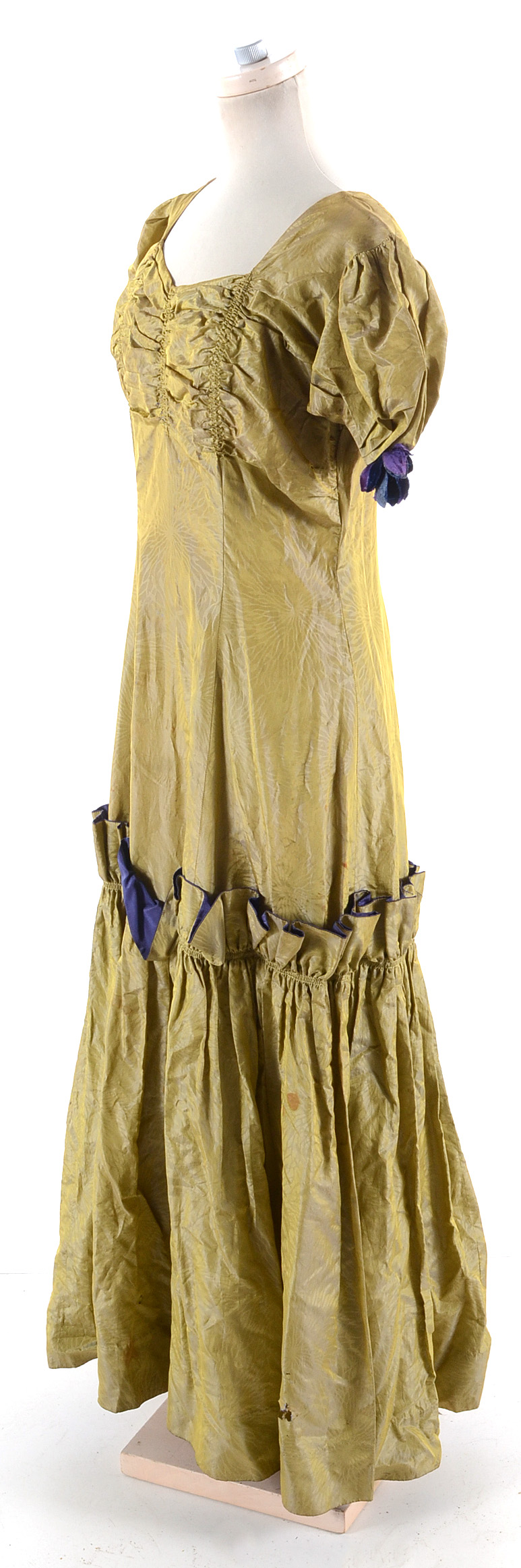 Circa 1930s Chartreuse Dress with Purple Trim