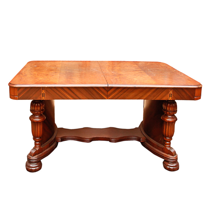 Art Deco-Inspired Burl Veneer and Inlaid Marquetry Dining Table