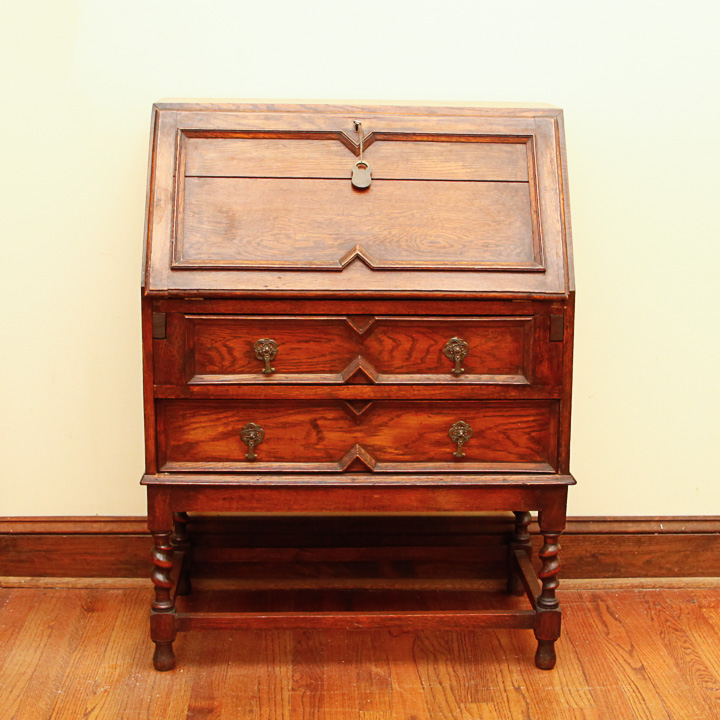 Antique English Red Oak Jacobean Revival Slant Lid Secretary