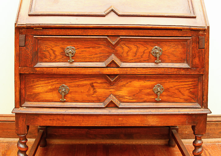 Antique English Red Oak Jacobean Revival Slant Lid Secretary