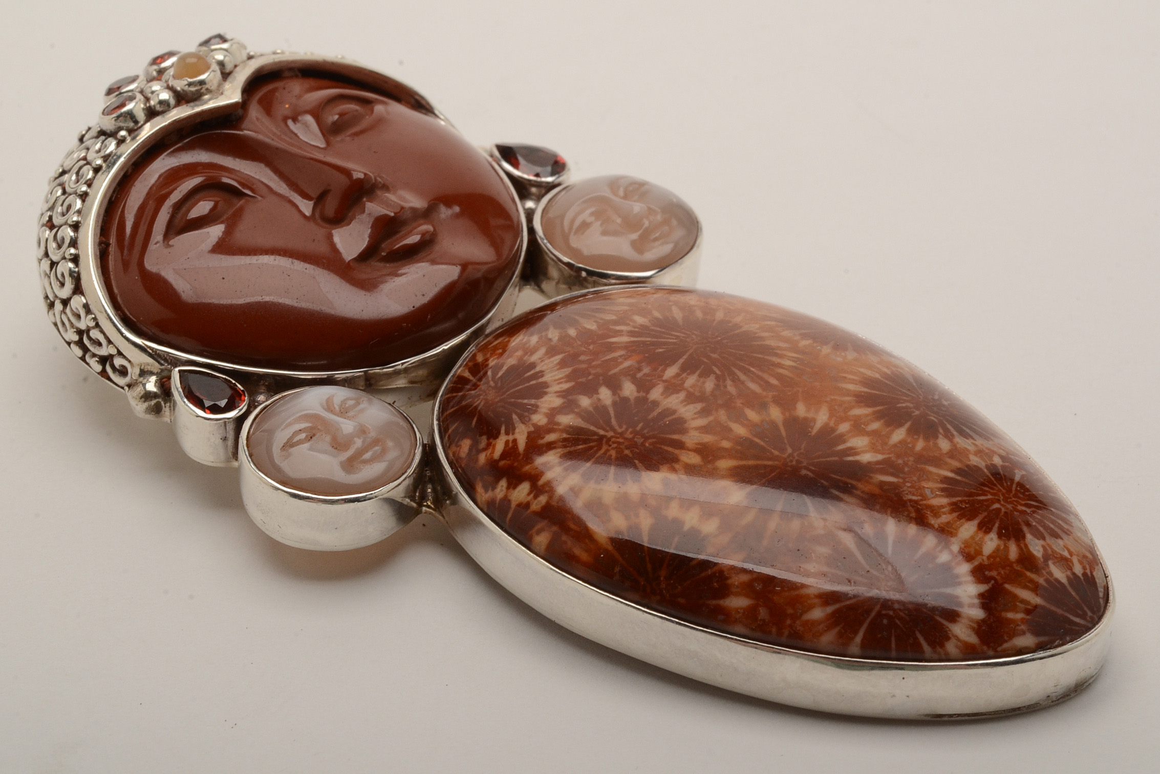 Sajen Sterling Silver Multi-Stone Carved Pendant/Brooch