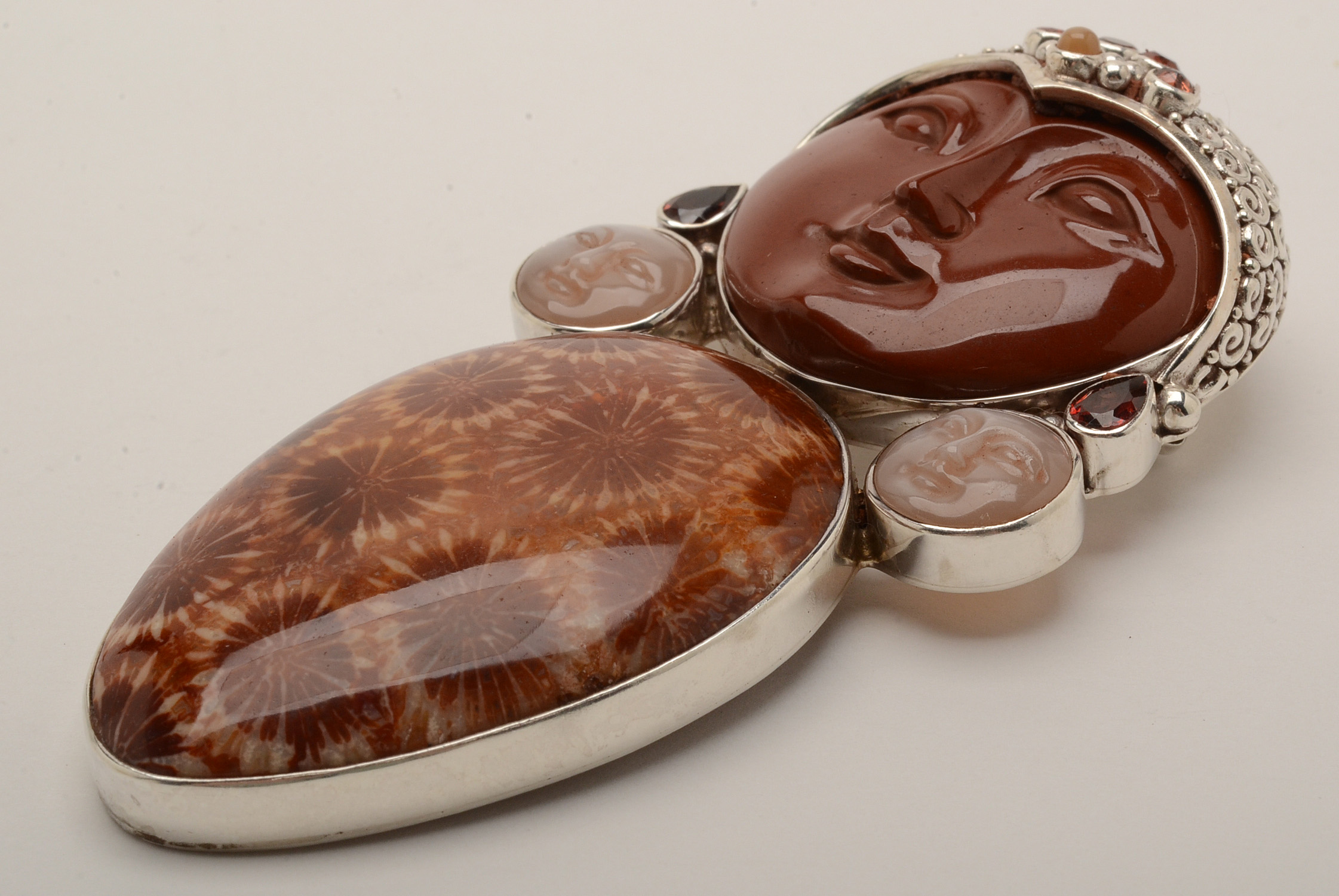 Sajen Sterling Silver Multi-Stone Carved Pendant/Brooch