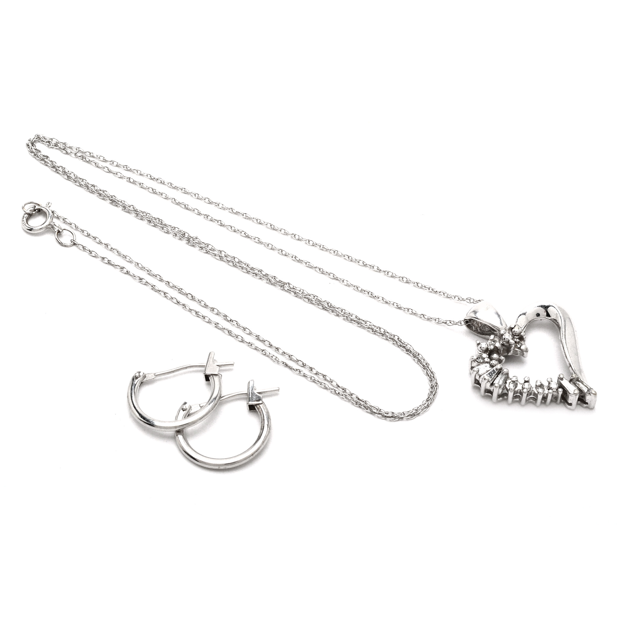 10K White Gold Diamond Heart Shape Pendant Necklace and 10K Hoops