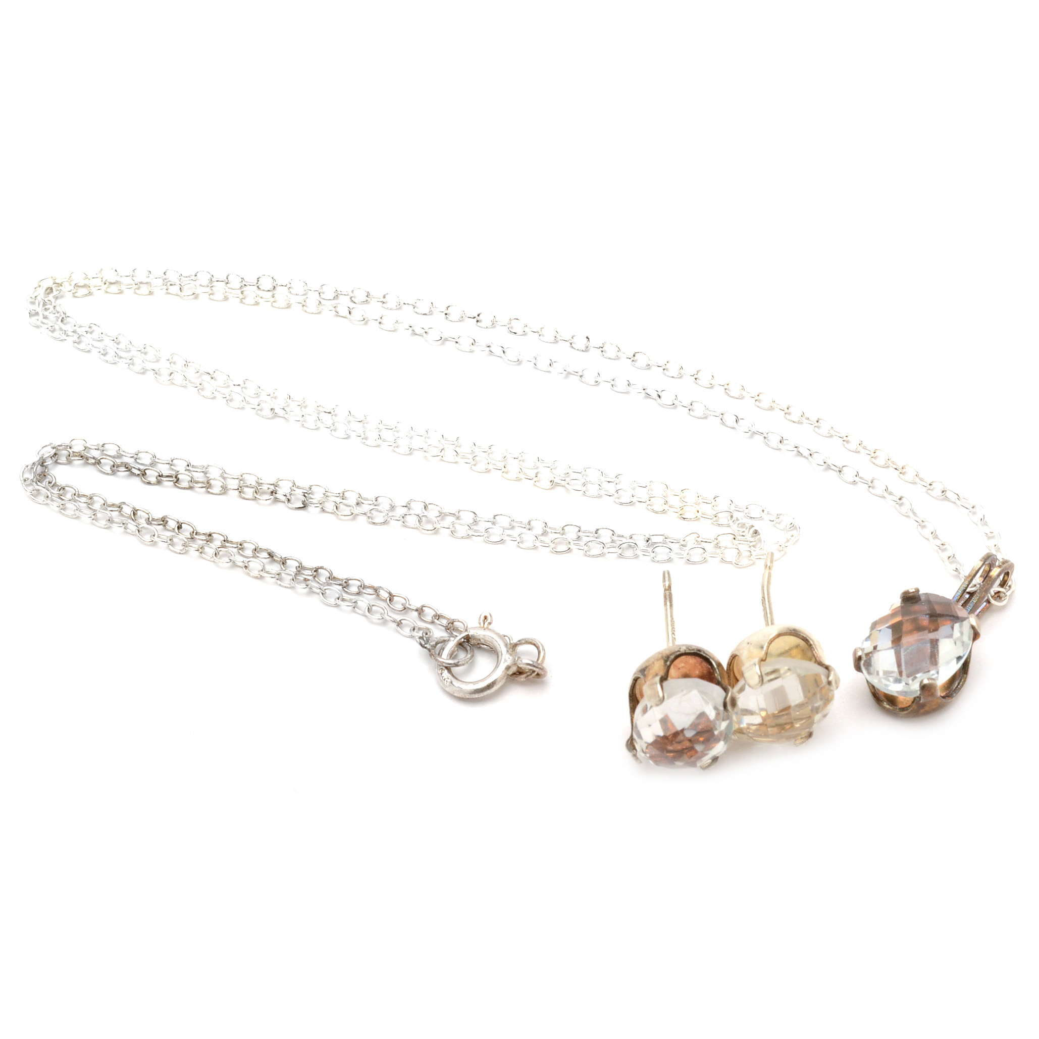 Sterling Silver White Topaz Pendant Necklace and Pierced Earrings