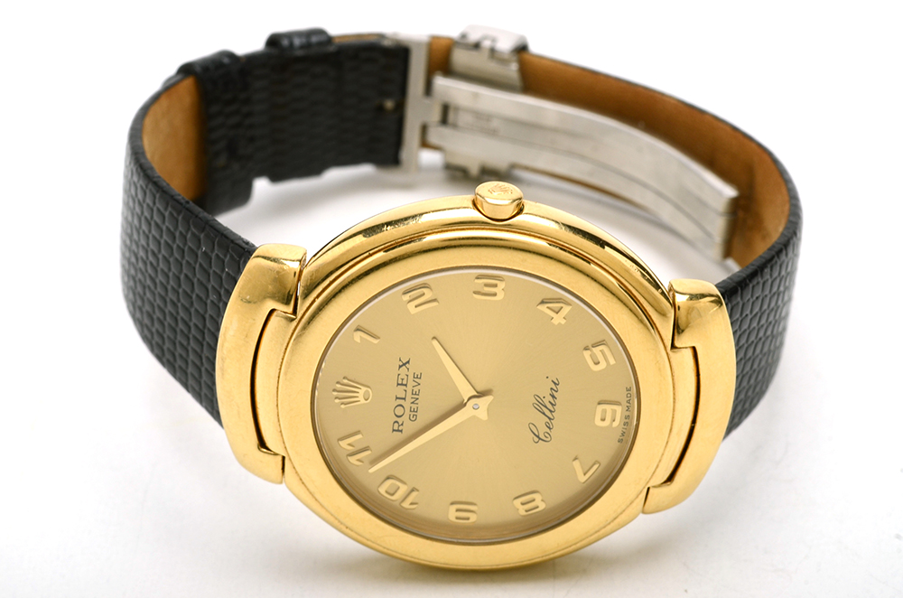 Men's 18K Yellow Gold Rolex Geneve Cellini Watch with Lizard Band