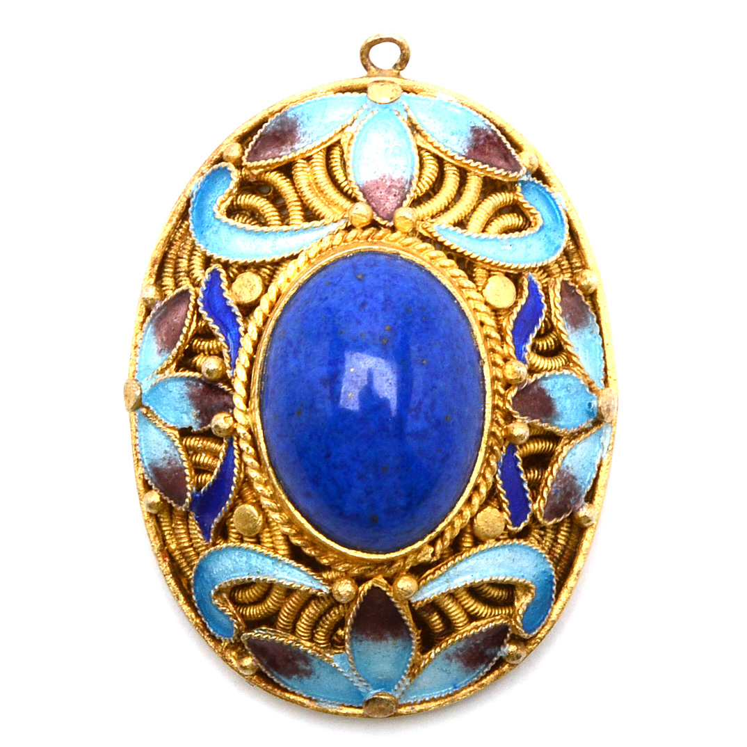 Vintage Chinese Cloisonne Enameled Lapis Lazuli Oval Pendant