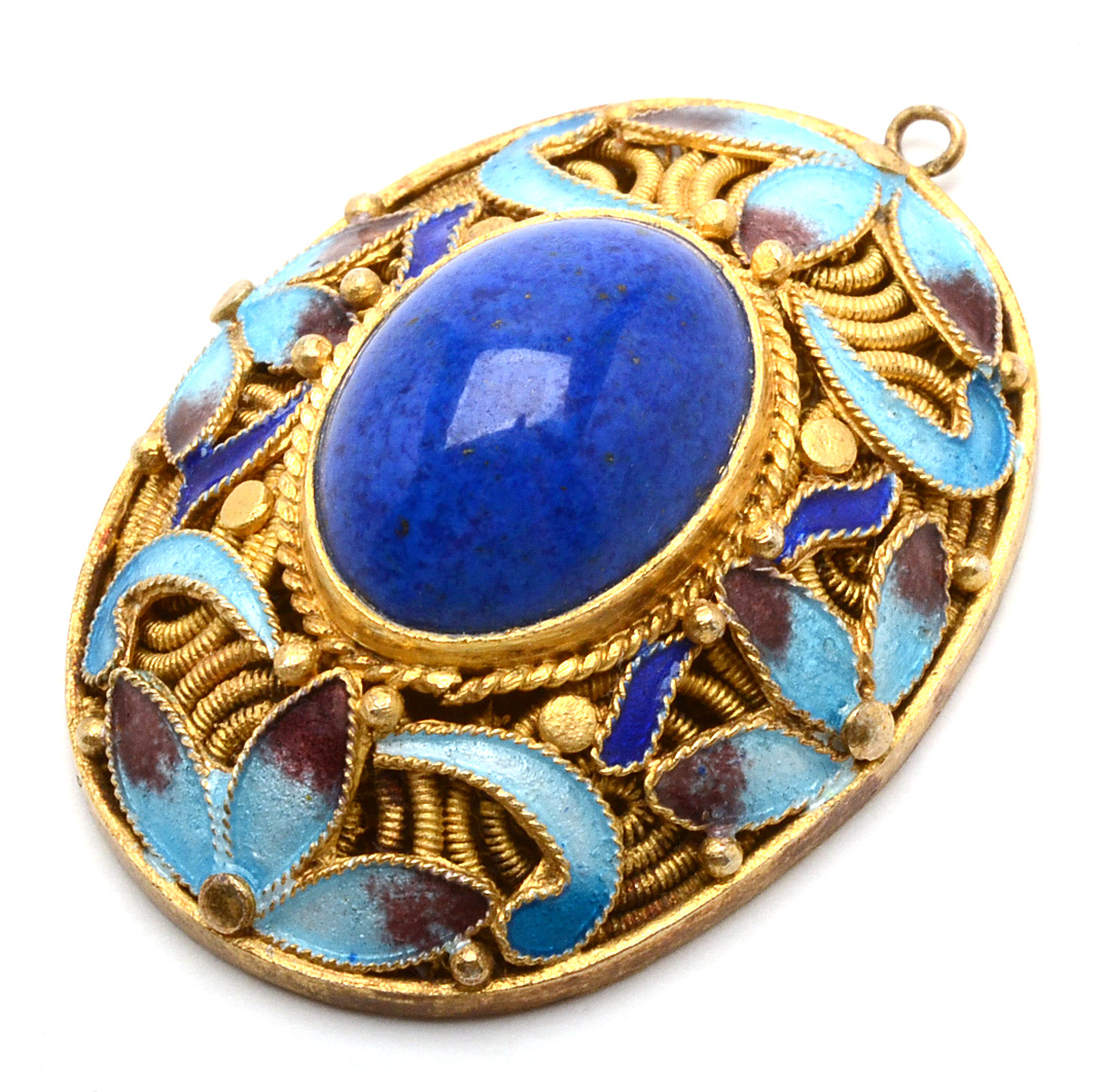Vintage Chinese Cloisonne Enameled Lapis Lazuli Oval Pendant