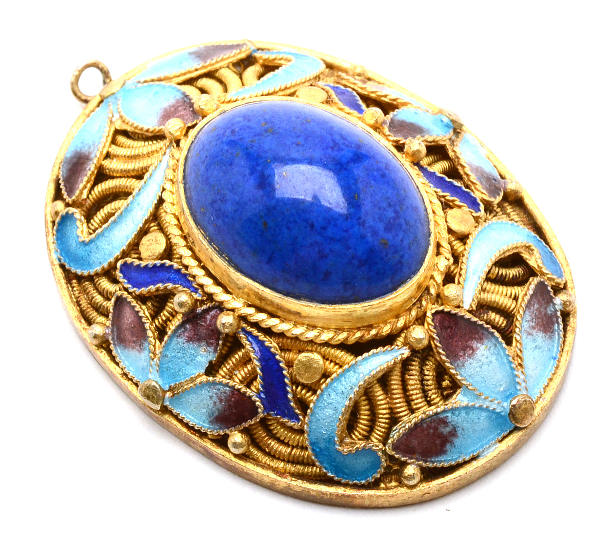 Vintage Chinese Cloisonne Enameled Lapis Lazuli Oval Pendant