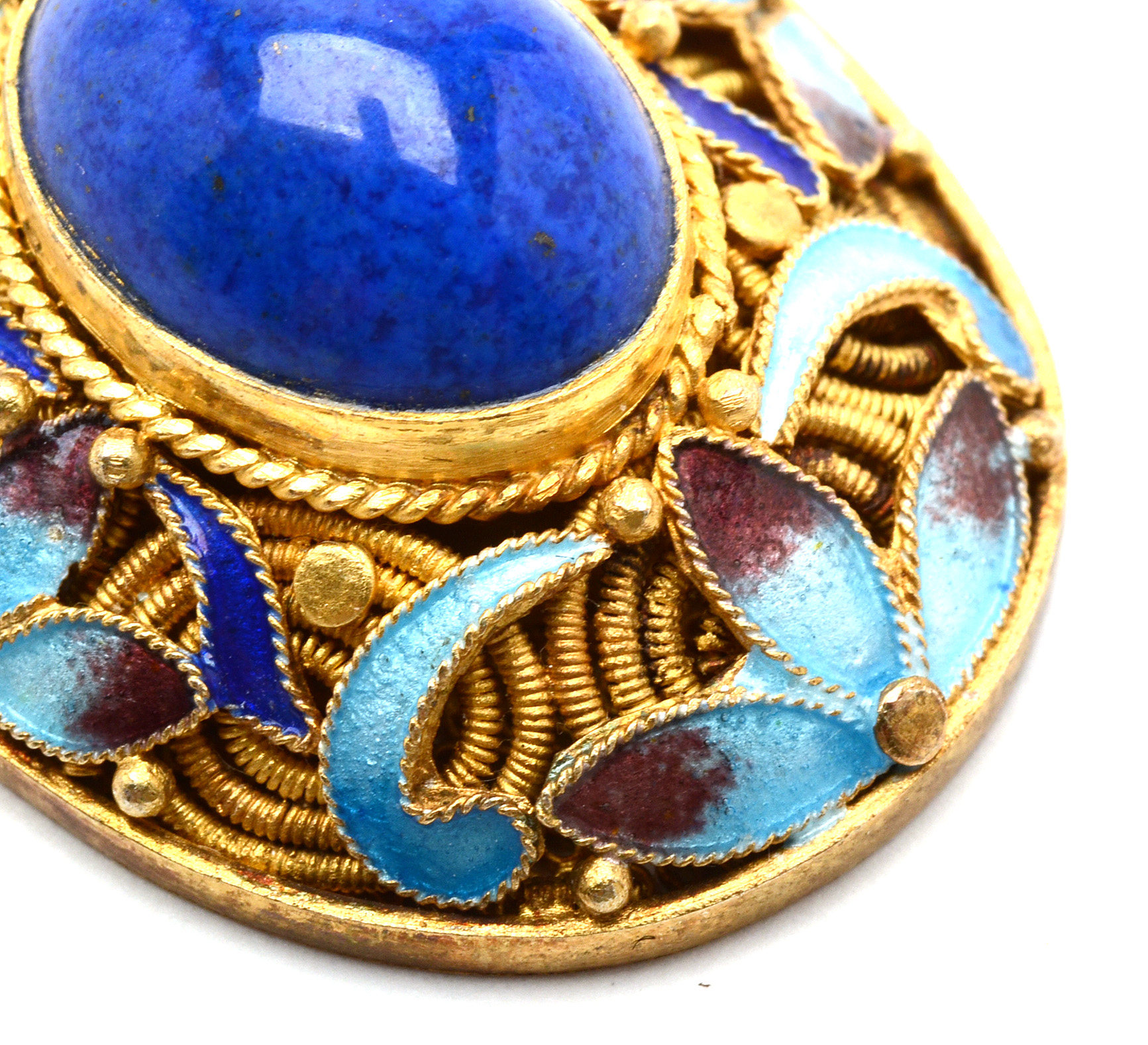 Vintage Chinese Cloisonne Enameled Lapis Lazuli Oval Pendant