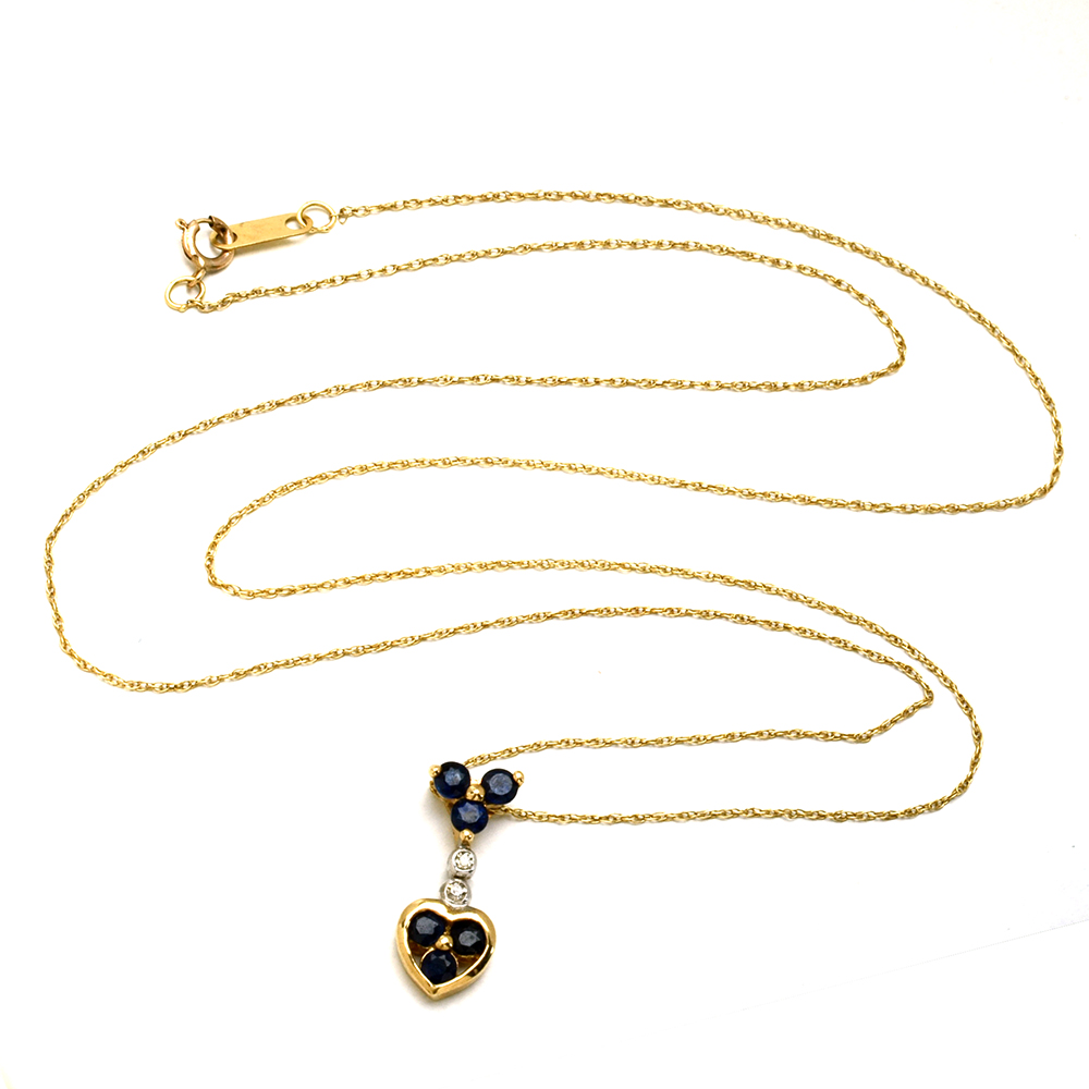 10K Yellow Gold Blue Sapphire and Diamond Pendant Necklace