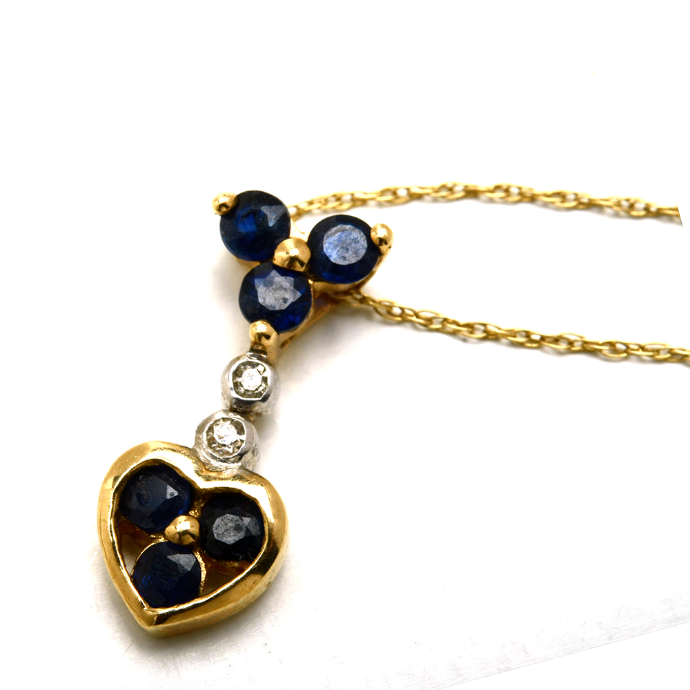10K Yellow Gold Blue Sapphire and Diamond Pendant Necklace