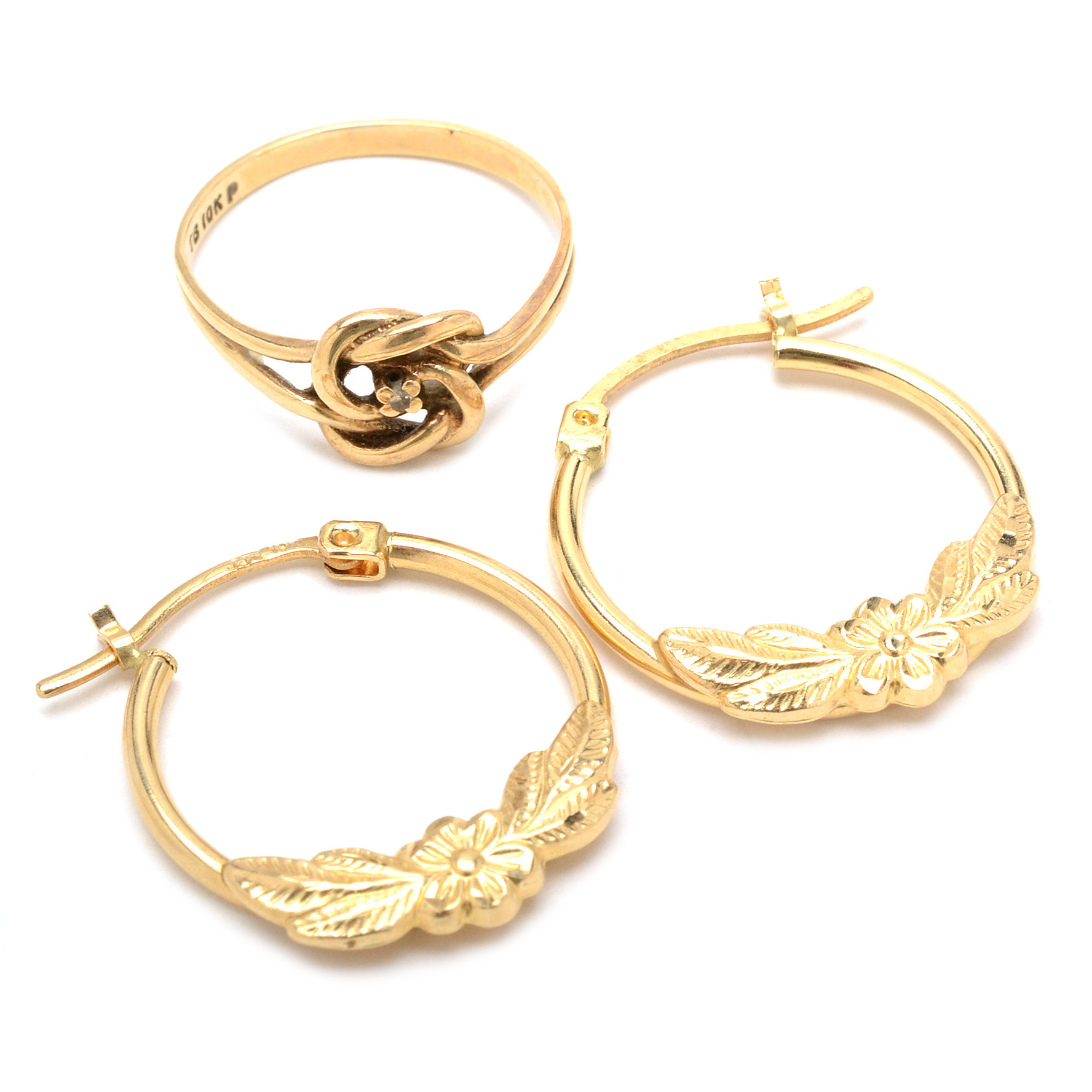 10K Yellow Gold Diamond Knot Ring and 10K Gold Hoop Earrings
