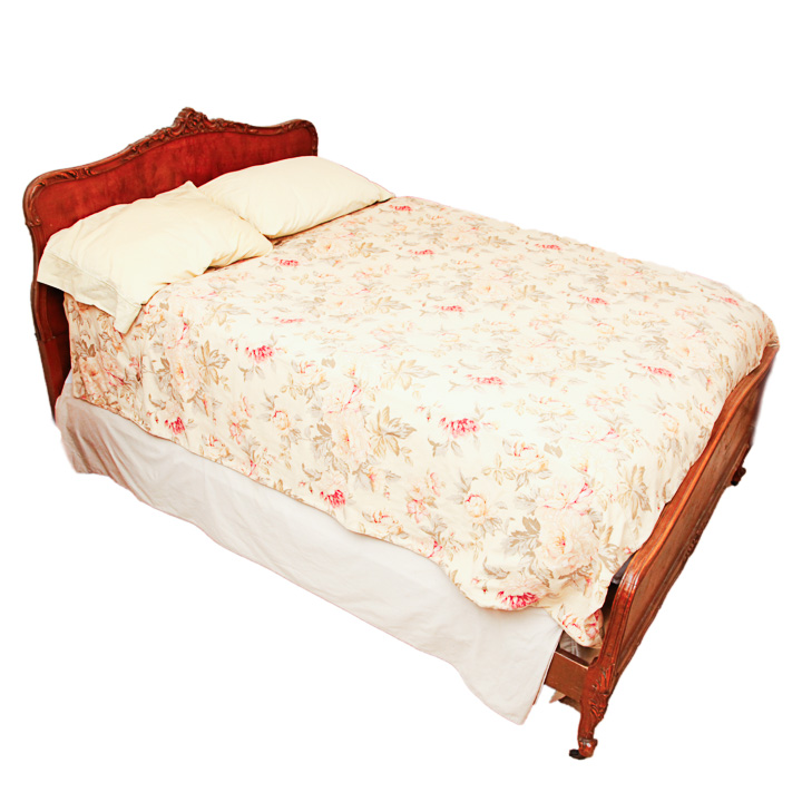 Wood Panel Bed With Carved and Burl Veneer Details