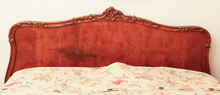 Wood Panel Bed With Carved and Burl Veneer Details