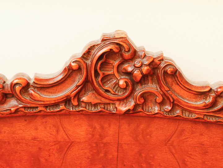 Wood Panel Bed With Carved and Burl Veneer Details